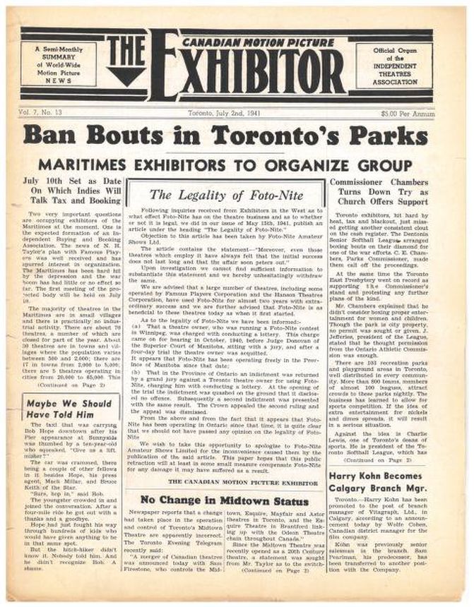 CANADIAN MOTION PICTURE EXHIBITOR magazine side cover 2 July 1941