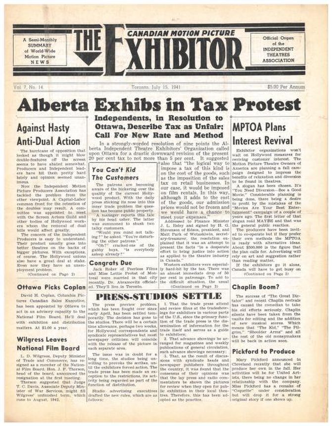 CANADIAN MOTION PICTURE EXHIBITOR magazine side cover 15 July 1941
