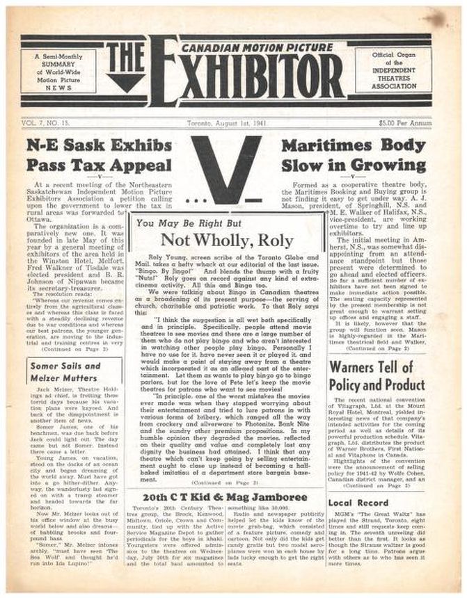 CANADIAN MOTION PICTURE EXHIBITOR magazine side cover 1 August 1941