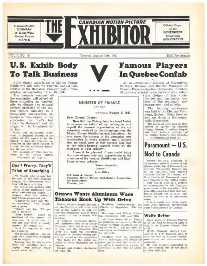 CANADIAN MOTION PICTURE EXHIBITOR magazine side cover 15 August 1941