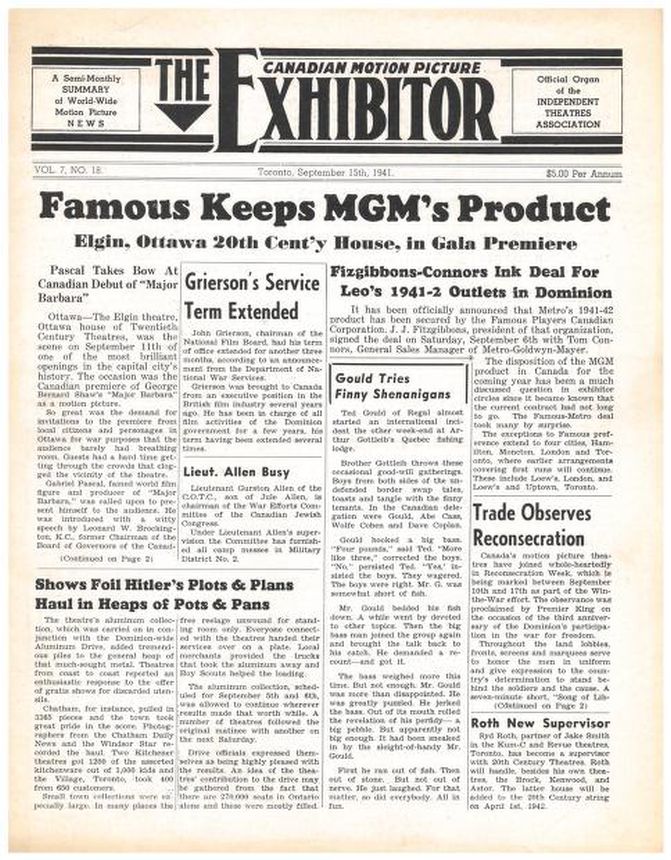 CANADIAN MOTION PICTURE EXHIBITOR magazine side cover 15 September 1941