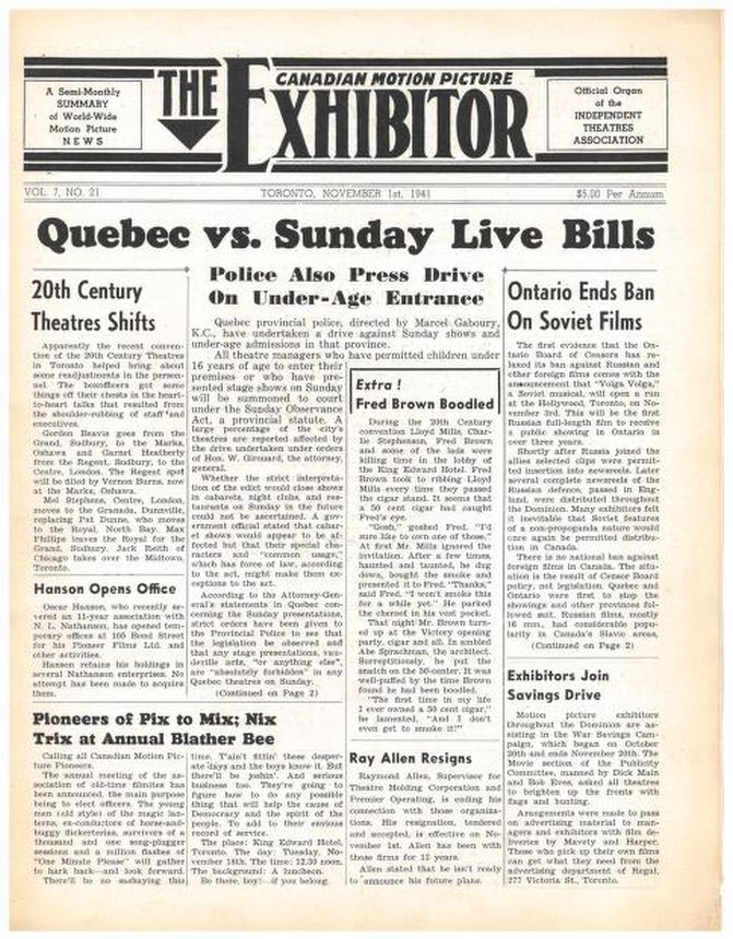 CANADIAN MOTION PICTURE EXHIBITOR magazine side cover 1 November 1941