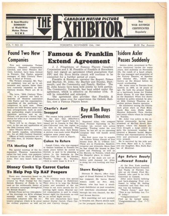 CANADIAN MOTION PICTURE EXHIBITOR magazine side cover 15 November 1941