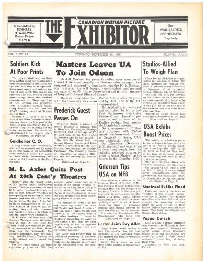 CANADIAN MOTION PICTURE EXHIBITOR magazine side cover 1 December 1941