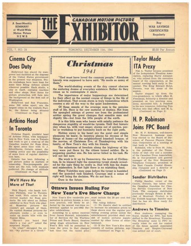 CANADIAN MOTION PICTURE EXHIBITOR magazine side cover 15 December 1941