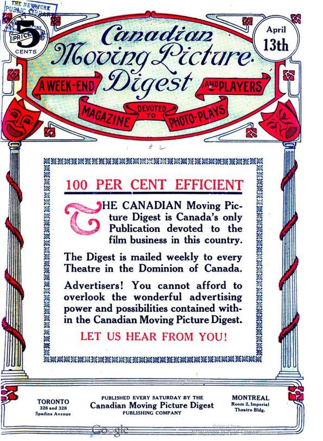 CANADIAN MOVING PICTURE DIGEST magazine side cover 13 April 1918