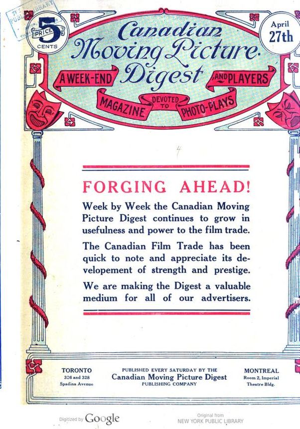 CANADIAN MOVING PICTURE DIGEST magazine side cover 27 April 1918