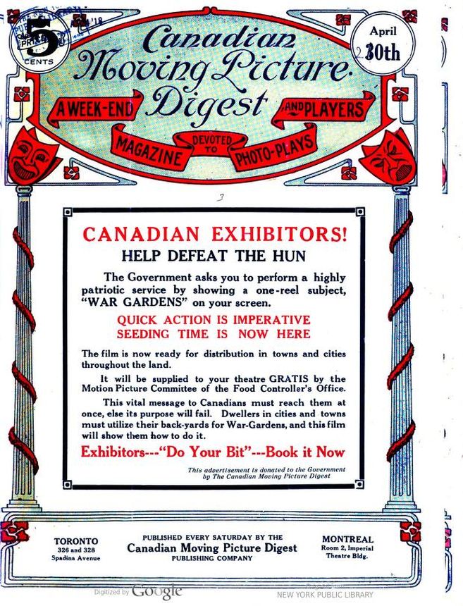 CANADIAN MOVING PICTURE DIGEST magazine side cover 30 April 1918