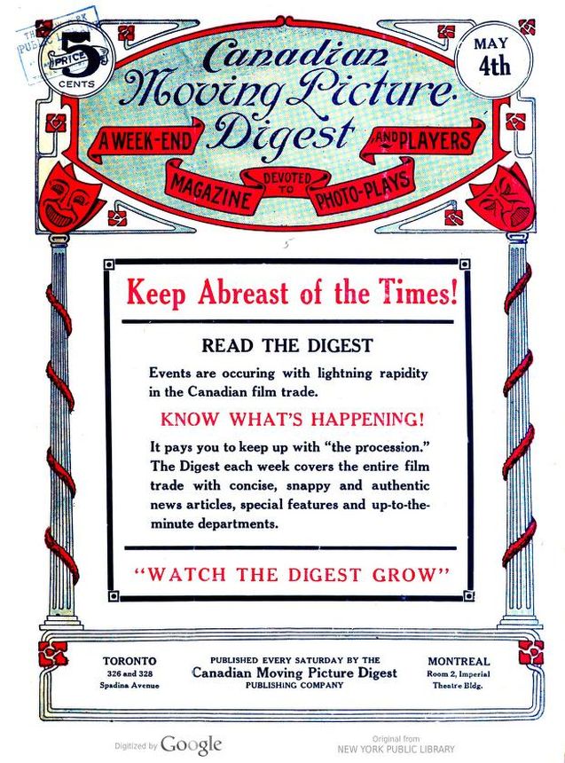 CANADIAN MOVING PICTURE DIGEST magazine side cover 4 May 1918
