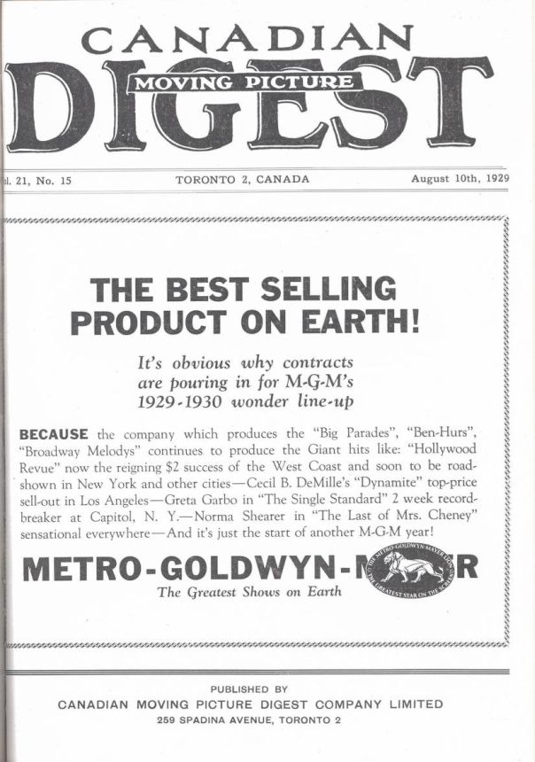 CANADIAN MOVING PICTURE DIGEST magazine side cover 10 August 1929
