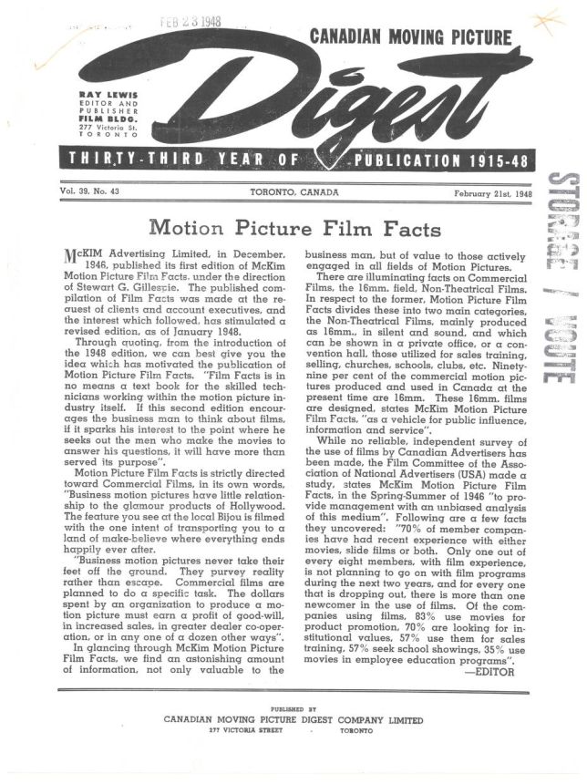 CANADIAN MOVING PICTURE DIGEST magazine side cover 21 February 1948