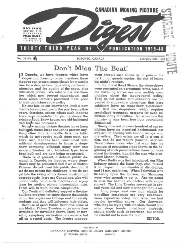 CANADIAN MOVING PICTURE DIGEST magazine side cover 28 February 1948
