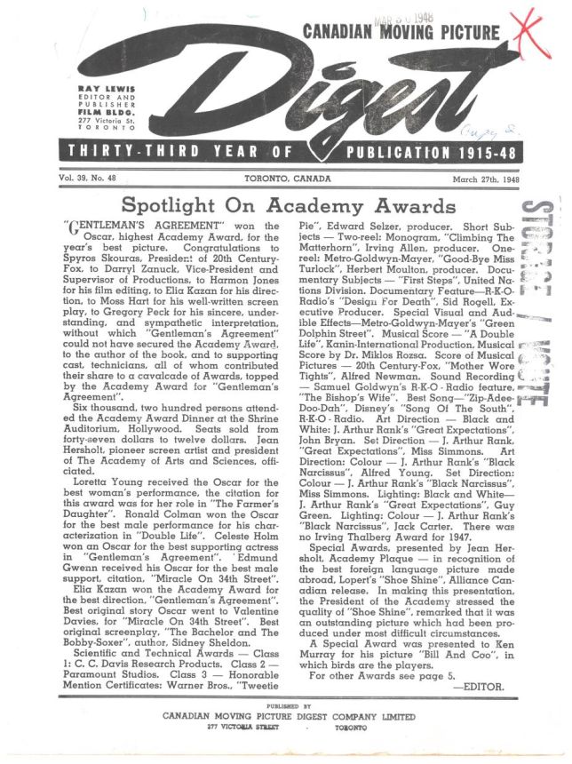 CANADIAN MOVING PICTURE DIGEST magazine side cover 27 March 1948