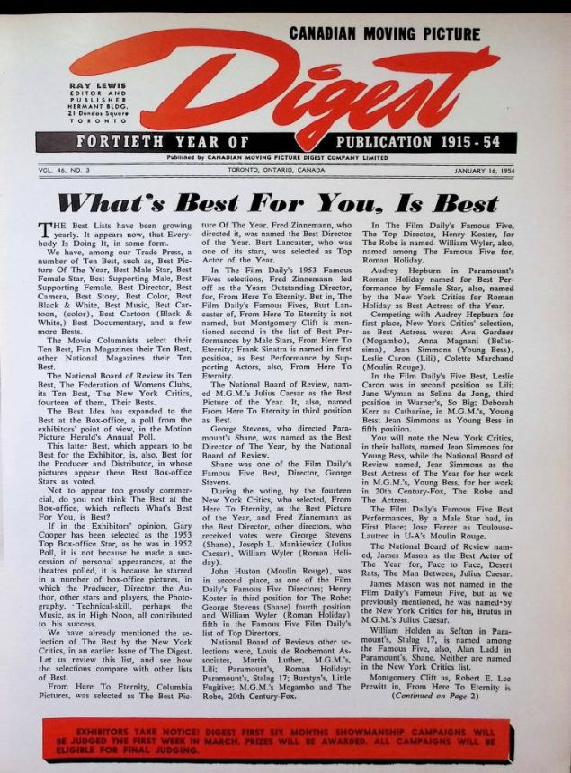 CANADIAN MOVING PICTURE DIGEST magazine side cover 16 January 1954