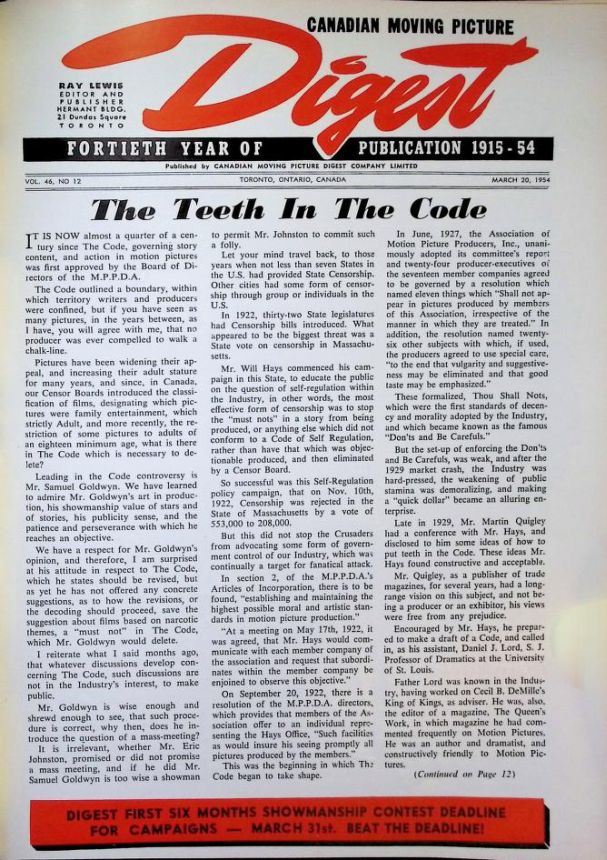 CANADIAN MOVING PICTURE DIGEST magazine side cover 20 March 1954