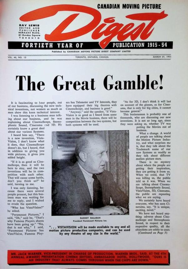 CANADIAN MOVING PICTURE DIGEST magazine side cover 27 March 1954