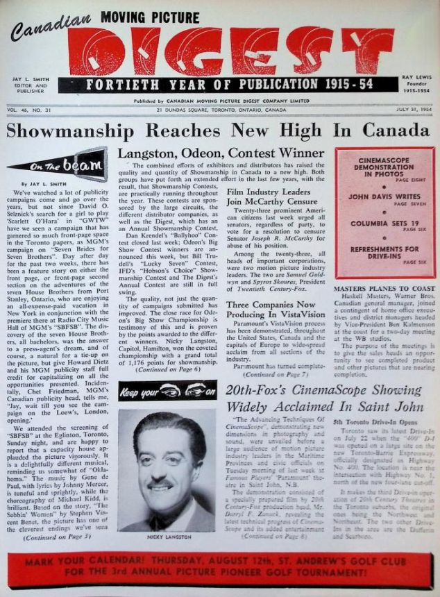 CANADIAN MOVING PICTURE DIGEST magazine side cover 31 July 1954