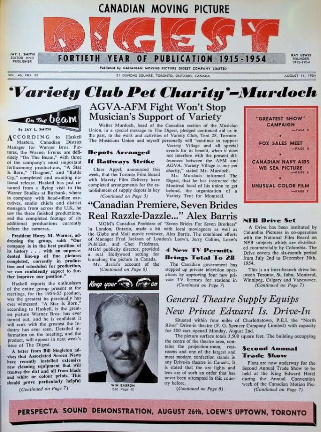 CANADIAN MOVING PICTURE DIGEST magazine side cover 14 August 1954