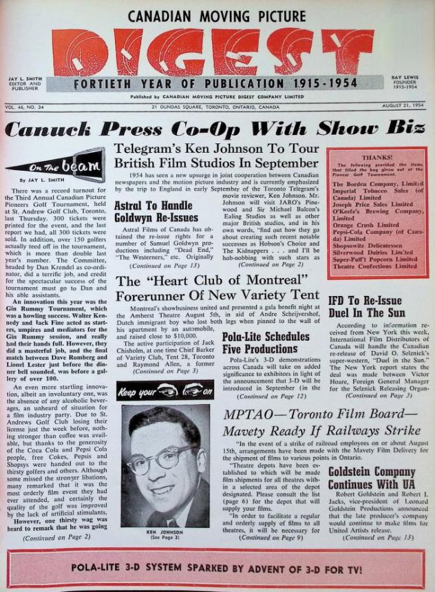 CANADIAN MOVING PICTURE DIGEST magazine side cover 21 August 1954