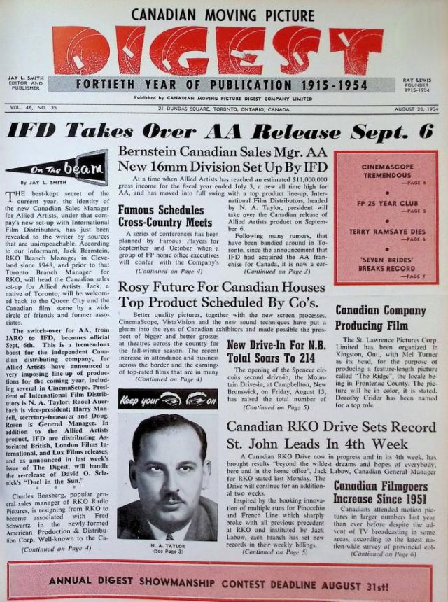 CANADIAN MOVING PICTURE DIGEST magazine side cover 28 August 1954