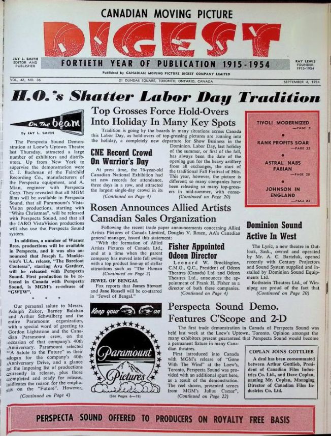 CANADIAN MOVING PICTURE DIGEST magazine side cover 4 September 1954
