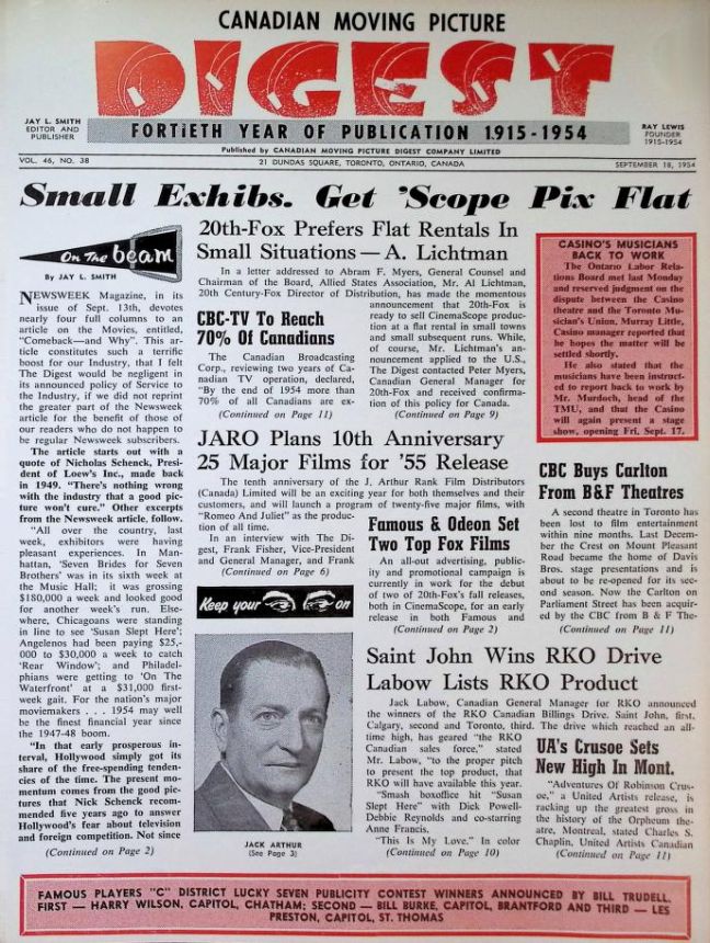 CANADIAN MOVING PICTURE DIGEST magazine side cover 18 September 1954