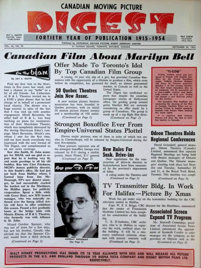 CANADIAN MOVING PICTURE DIGEST magazine side cover 25 September 1954