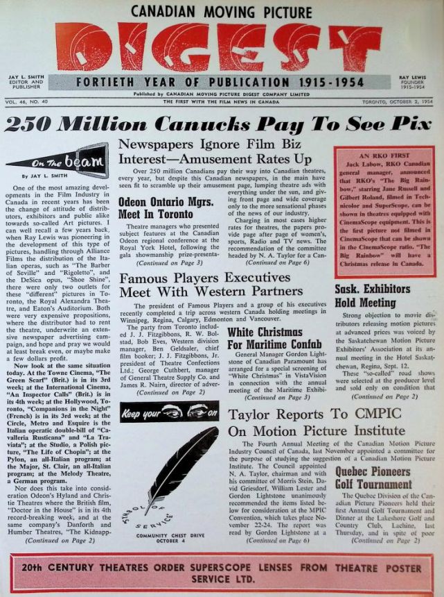 CANADIAN MOVING PICTURE DIGEST magazine side cover 2 October 1954