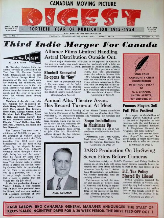 CANADIAN MOVING PICTURE DIGEST magazine side cover 9 October 1954
