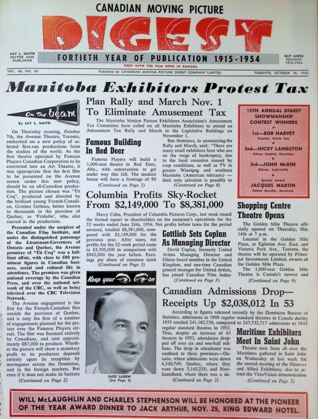 CANADIAN MOVING PICTURE DIGEST magazine side cover 16 October 1954