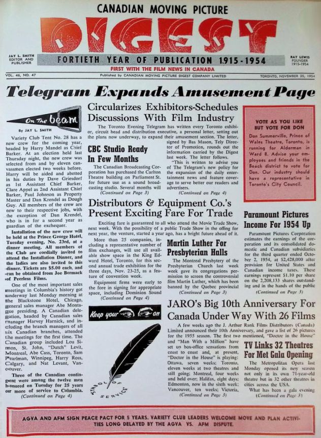 CANADIAN MOVING PICTURE DIGEST magazine side cover 20 November 1954