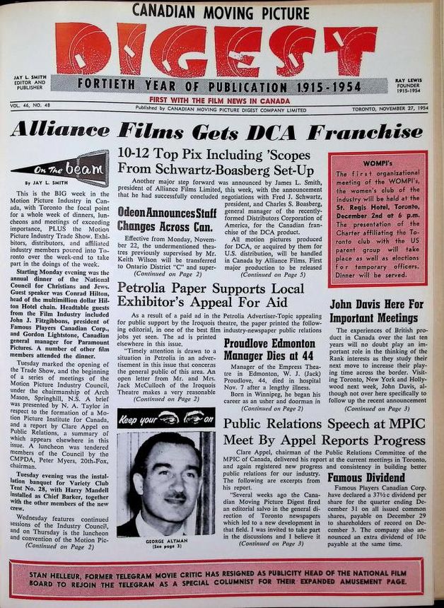 CANADIAN MOVING PICTURE DIGEST magazine side cover 27 November 1954