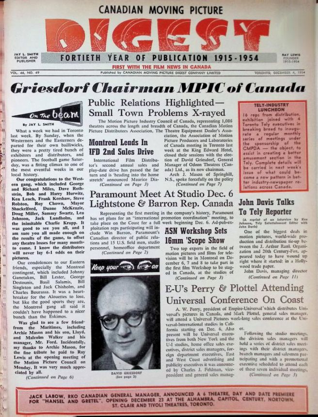 CANADIAN MOVING PICTURE DIGEST magazine side cover 4 December 1954