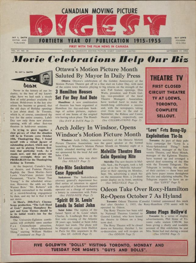 CANADIAN MOVING PICTURE DIGEST magazine side cover 17 September 1955
