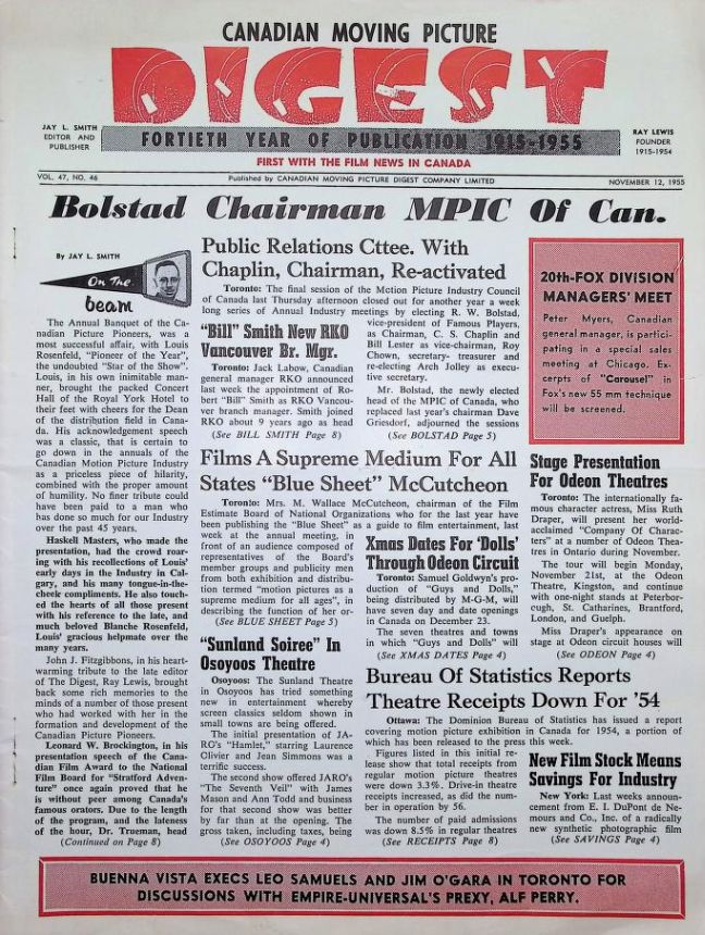 CANADIAN MOVING PICTURE DIGEST magazine side cover 12 November 1955