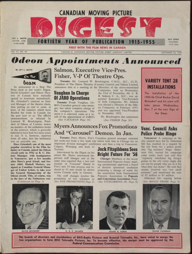 CANADIAN MOVING PICTURE DIGEST magazine side cover 26 November 1955