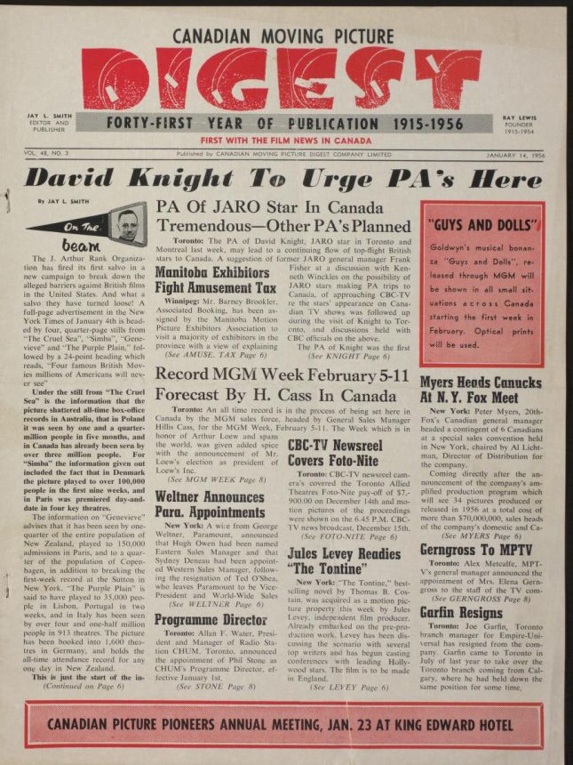 CANADIAN MOVING PICTURE DIGEST magazine side cover 14 January 1956