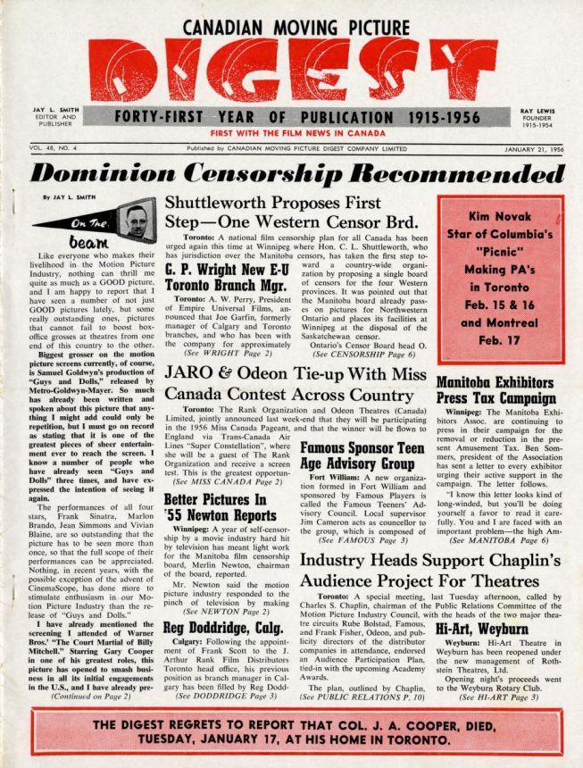 CANADIAN MOVING PICTURE DIGEST magazine side cover 21 January 1956