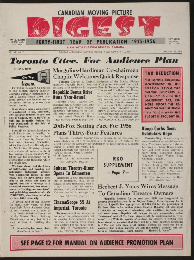 CANADIAN MOVING PICTURE DIGEST magazine side cover 28 January 1956