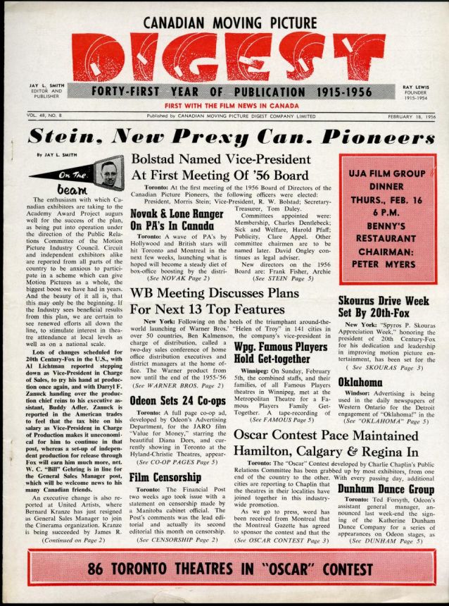 CANADIAN MOVING PICTURE DIGEST magazine side cover 18 February 1956