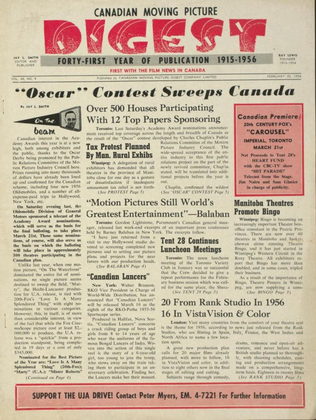 CANADIAN MOVING PICTURE DIGEST magazine side cover 25 February 1956