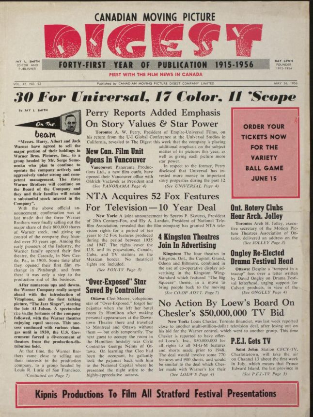 CANADIAN MOVING PICTURE DIGEST magazine side cover 26 May 1956