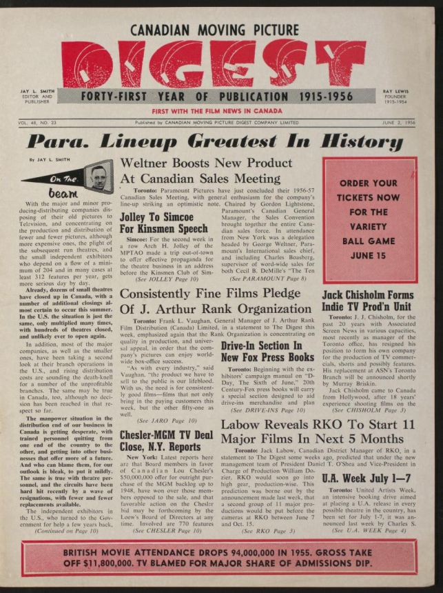 CANADIAN MOVING PICTURE DIGEST magazine side cover 2 June 1956