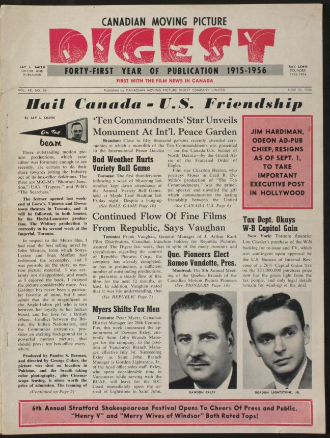 CANADIAN MOVING PICTURE DIGEST magazine side cover 23 June 1956