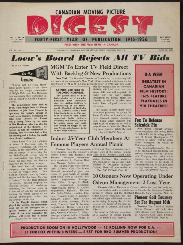 CANADIAN MOVING PICTURE DIGEST magazine side cover 30 June 1956