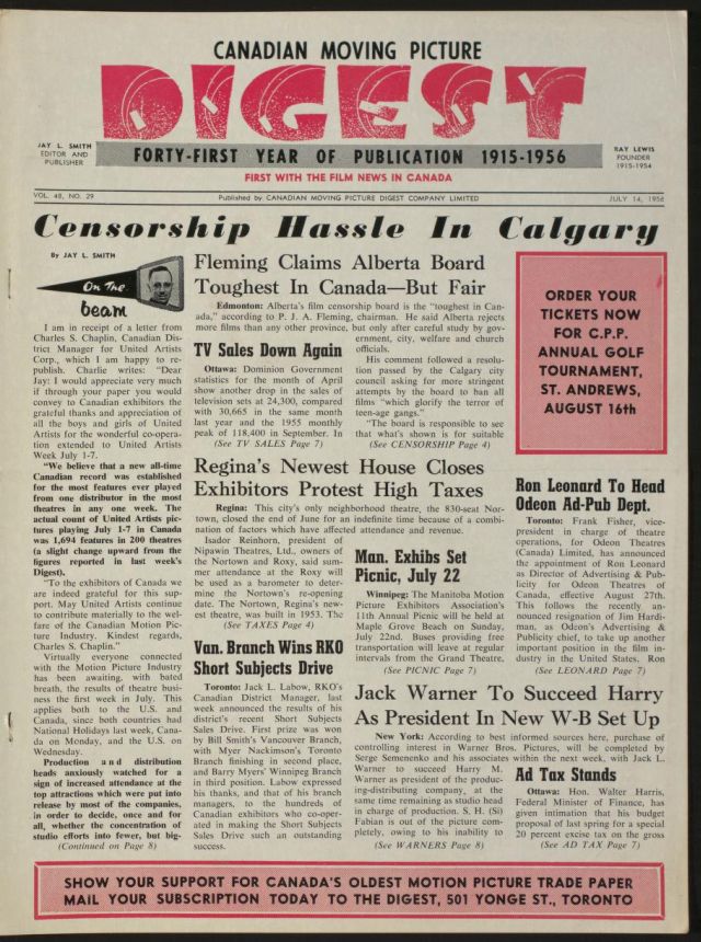 CANADIAN MOVING PICTURE DIGEST magazine side cover 14 July 1956