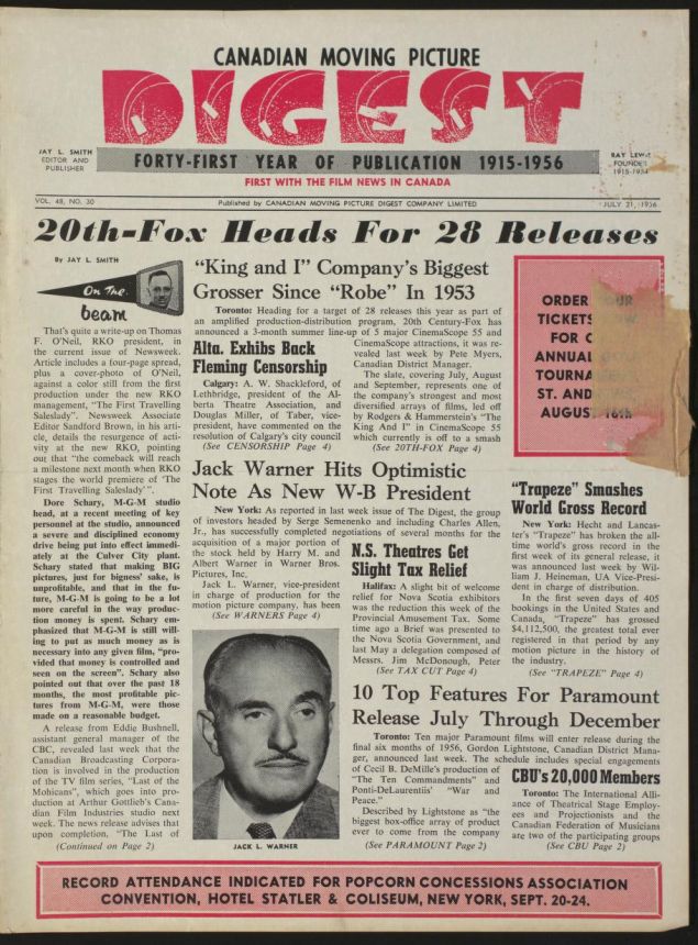 CANADIAN MOVING PICTURE DIGEST magazine side cover 21 July 1956