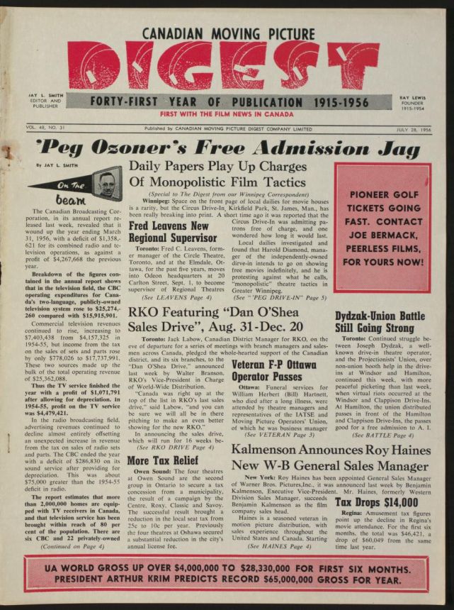 CANADIAN MOVING PICTURE DIGEST magazine side cover 28 July 1956