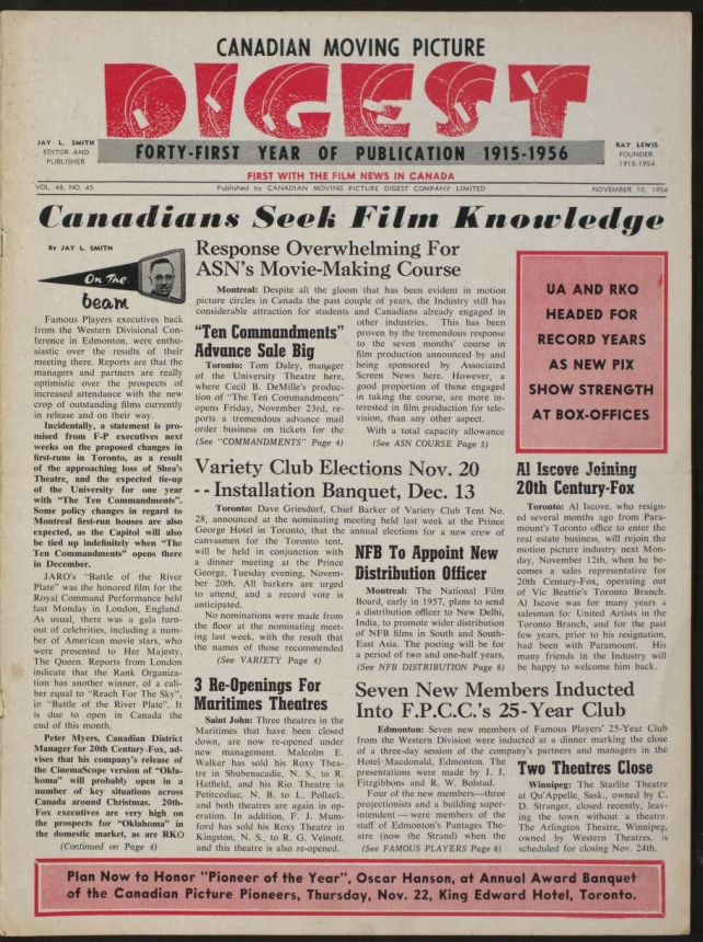 CANADIAN MOVING PICTURE DIGEST magazine side cover 10 November 1956