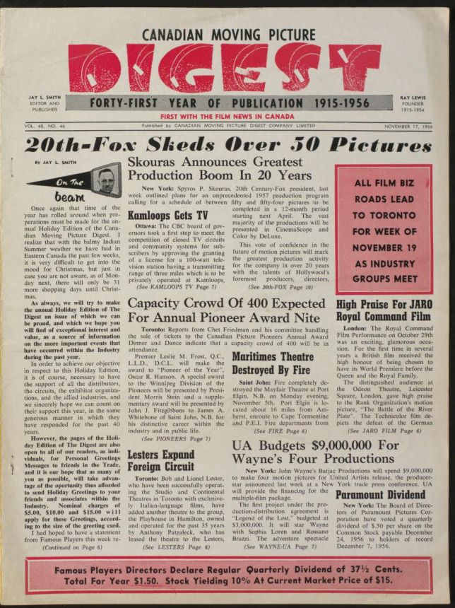 CANADIAN MOVING PICTURE DIGEST magazine side cover 17 November 1956